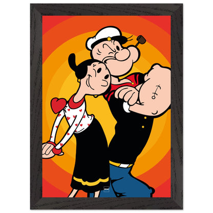 Affiche encadrée en bois du personnage Popeye sur fond orange et rouge.
