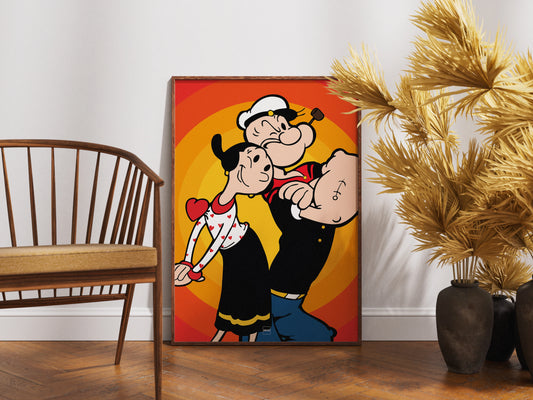 Affiche encadrée en bois du personnage Popeye sur fond orange et rouge.