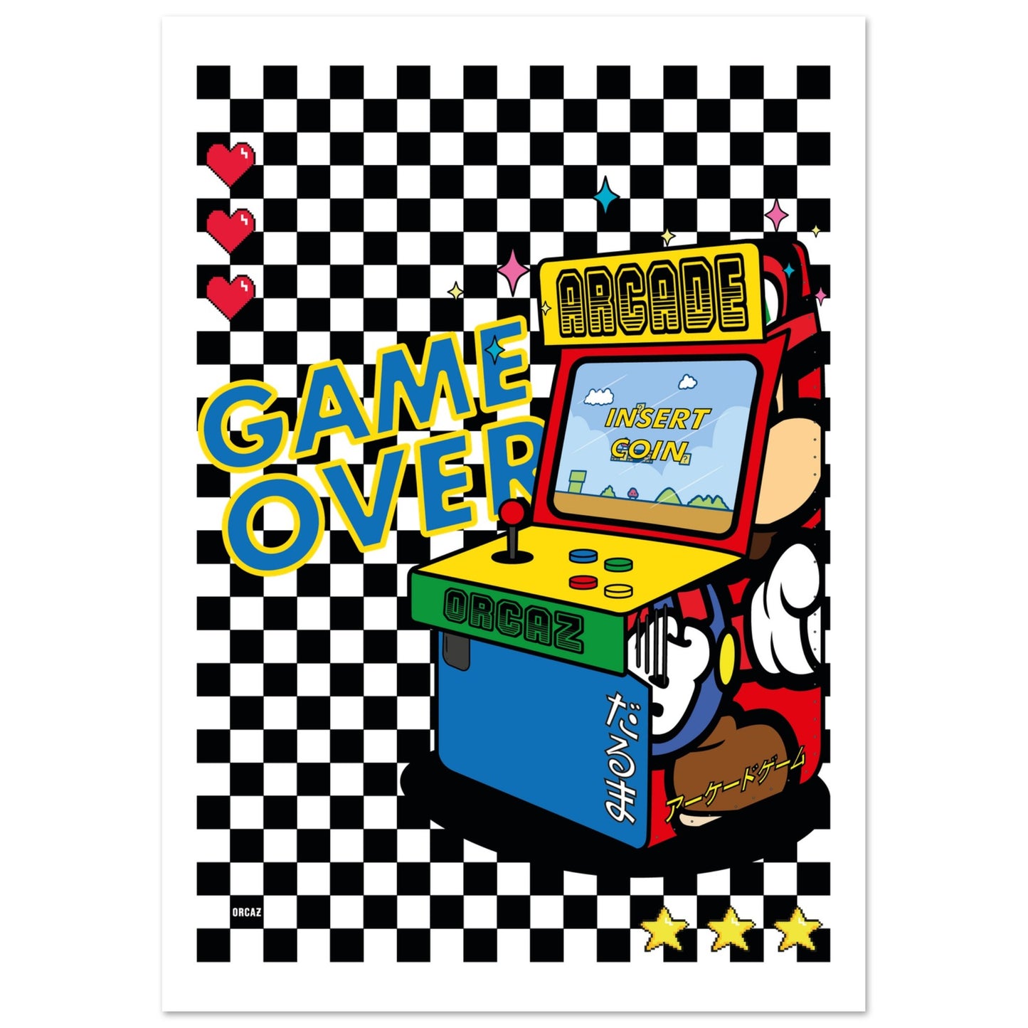 Affiche avec une borne d'arcade sur fond en damier noir et blanc.