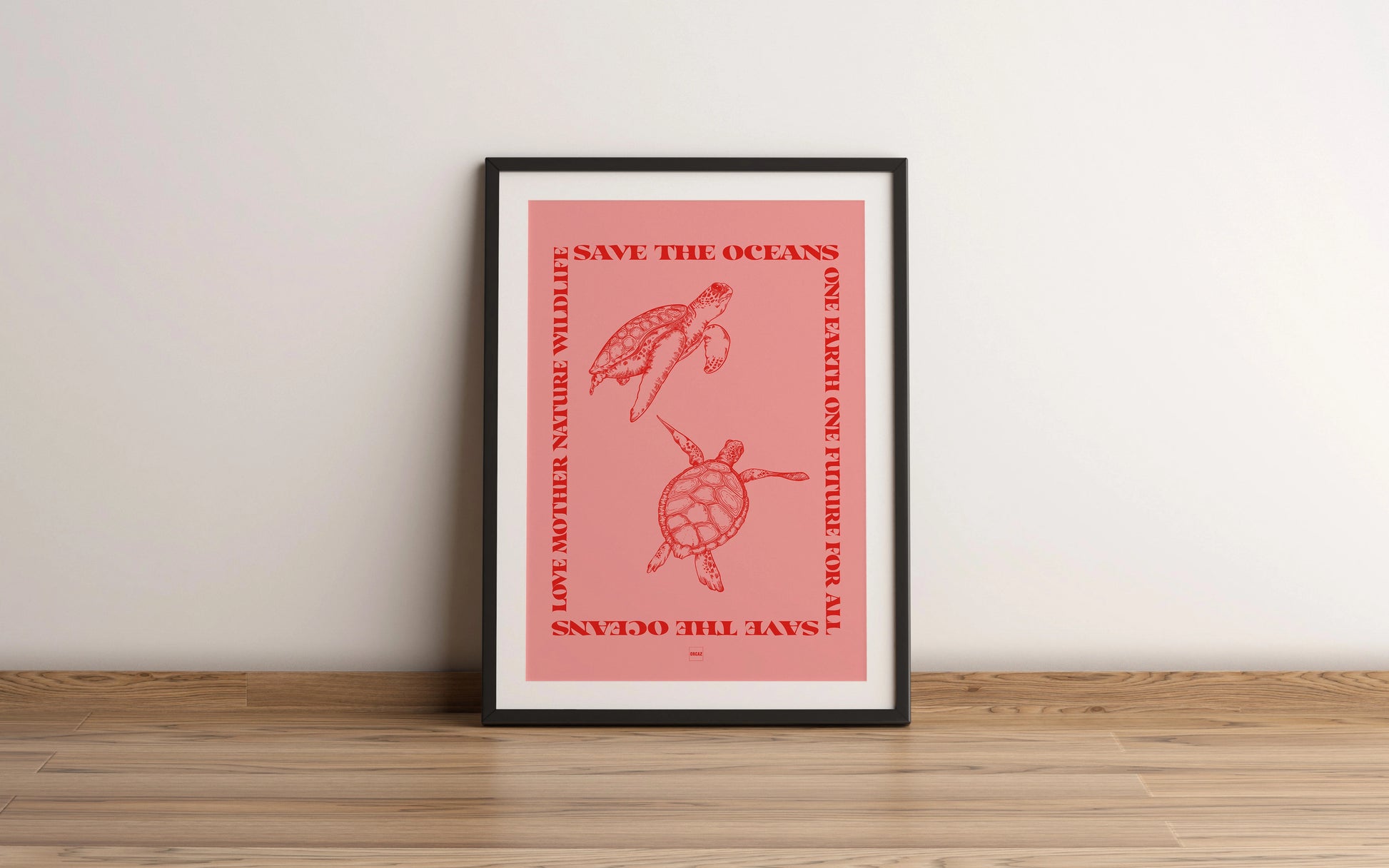 Affiche encadrée Save the Oceans avec illustrations de tortues marines rouges sur fond rose
