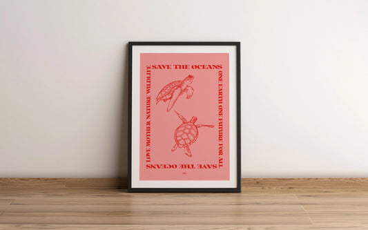 Affiche encadrée Save the Oceans avec illustrations de tortues marines rouges sur fond rose