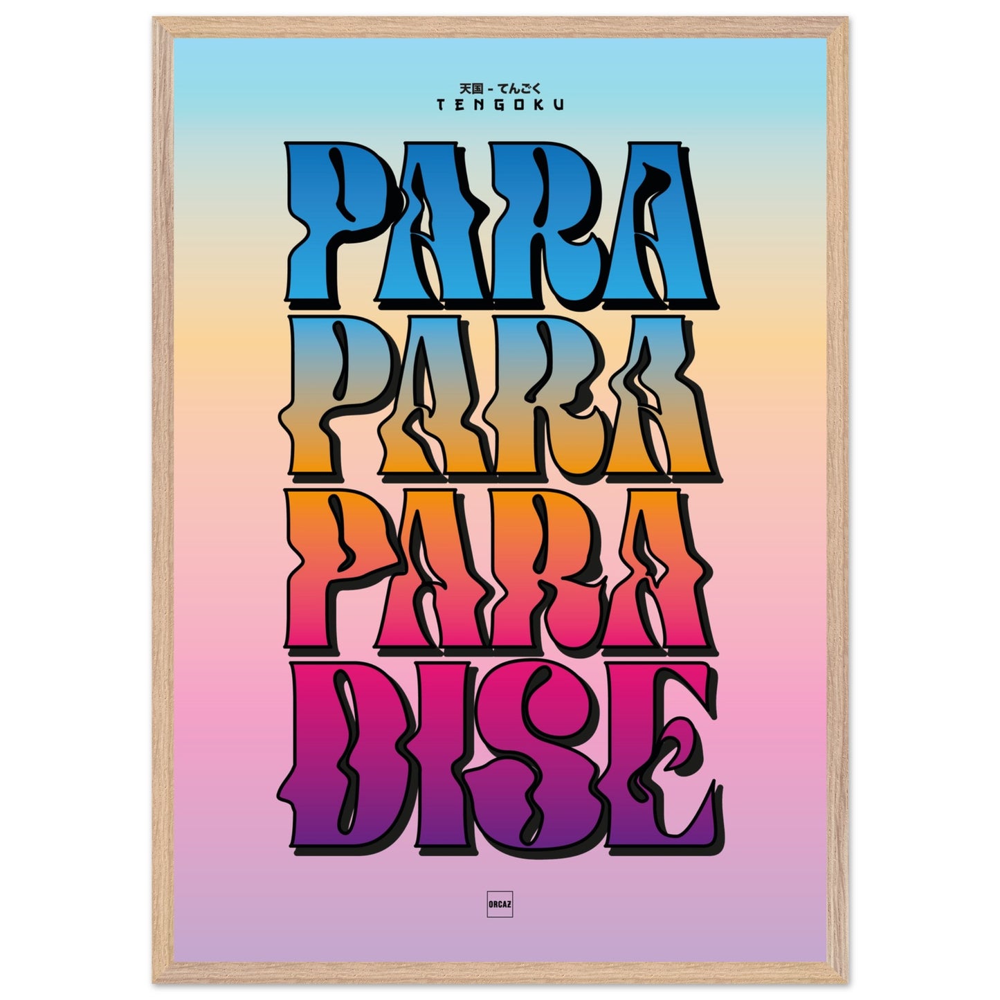 Affiche encadrée typographique avec texte Tengoku en lettres dégradées multicolores sur fond pastel