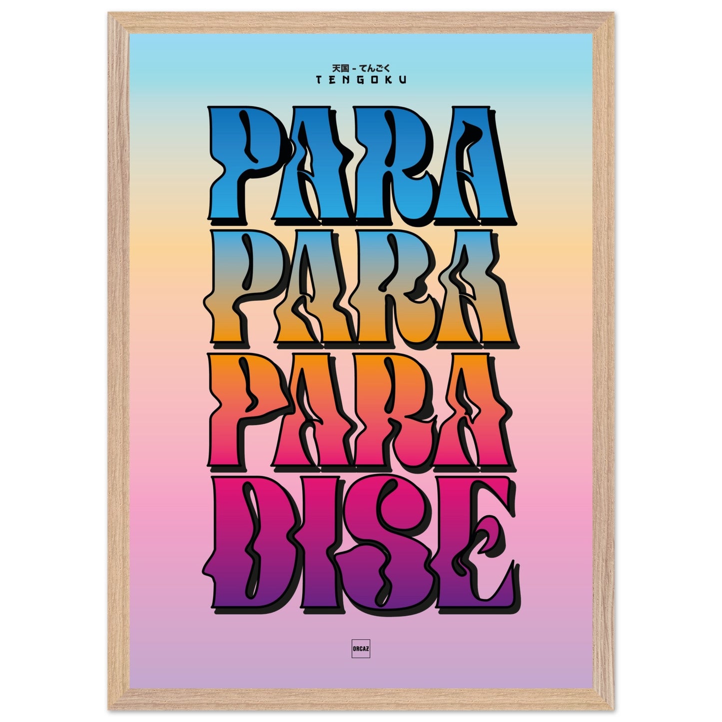 Affiche encadrée typographique avec texte Tengoku en lettres dégradées multicolores sur fond pastel