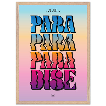 Affiche encadrée typographique avec texte Tengoku en lettres dégradées multicolores sur fond pastel