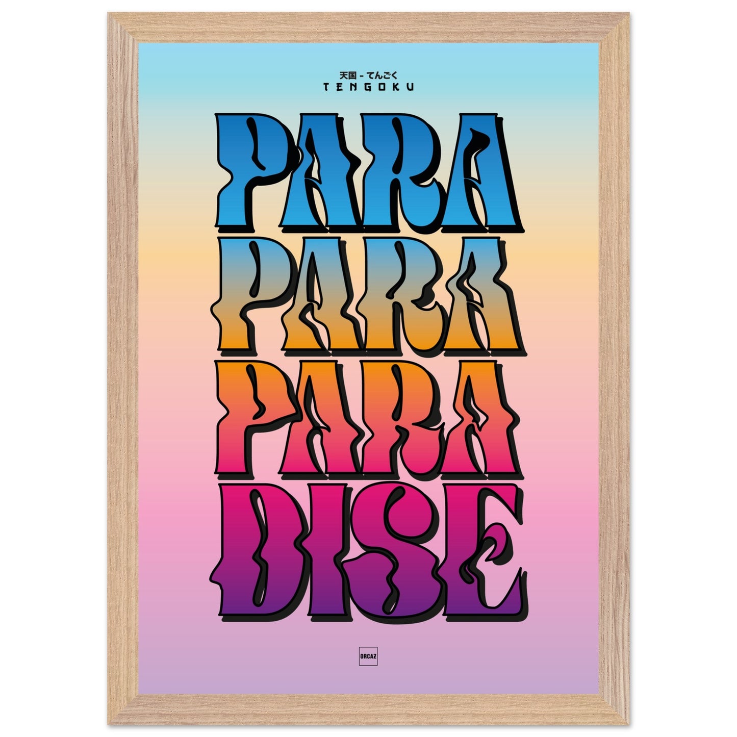 Affiche encadrée typographique avec texte Tengoku en lettres dégradées multicolores sur fond pastel