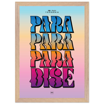 Affiche encadrée typographique avec texte Tengoku en lettres dégradées multicolores sur fond pastel