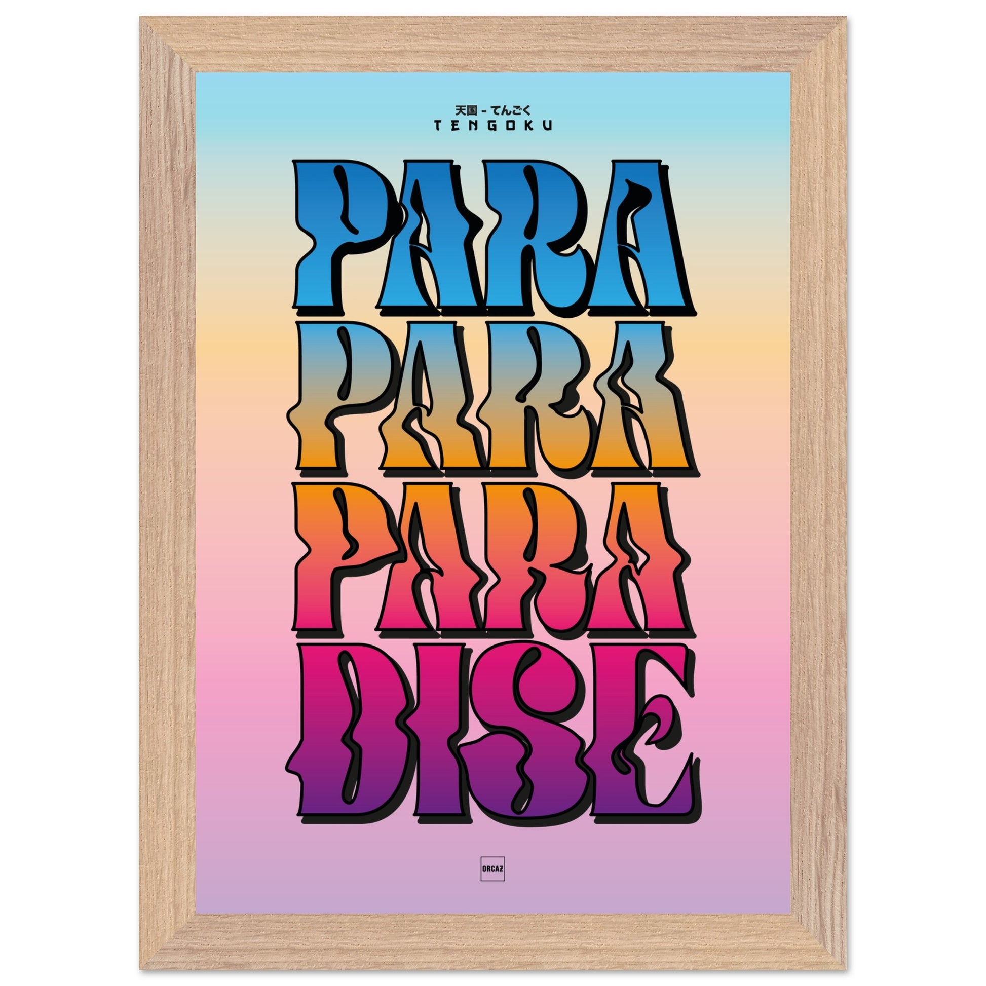Affiche encadrée typographique avec texte Tengoku en lettres dégradées multicolores sur fond pastel