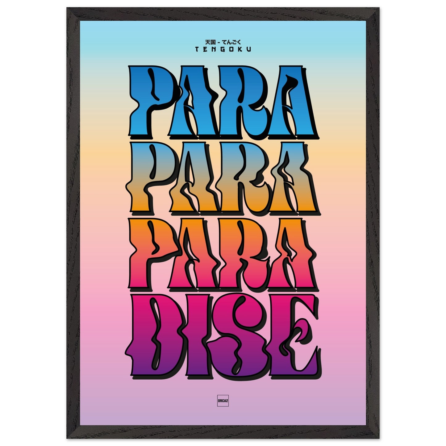 Affiche encadrée typographique avec texte Tengoku en lettres dégradées multicolores sur fond pastel