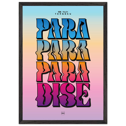 Affiche encadrée typographique avec texte Tengoku en lettres dégradées multicolores sur fond pastel