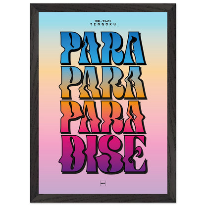 Affiche encadrée typographique avec texte Tengoku en lettres dégradées multicolores sur fond pastel