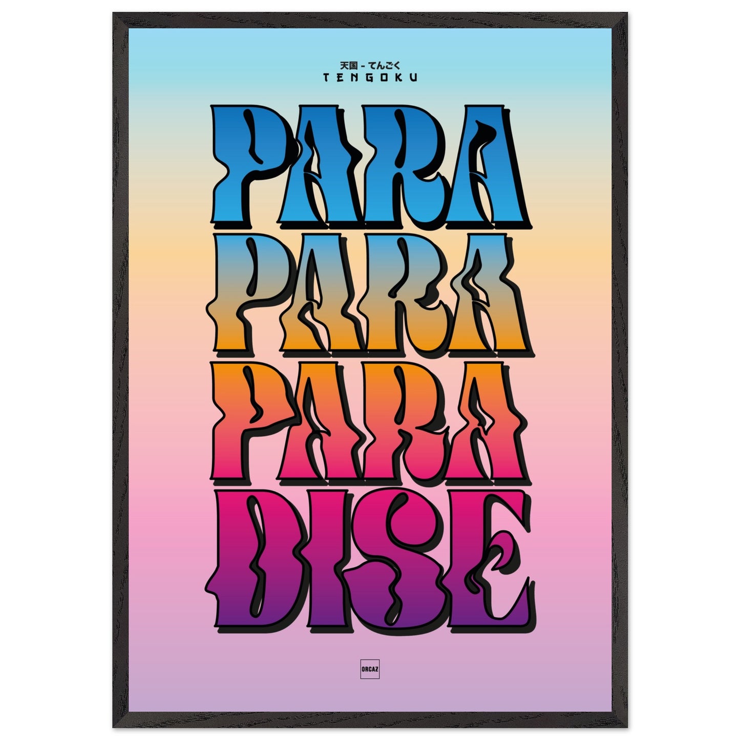 Affiche encadrée typographique avec texte Tengoku en lettres dégradées multicolores sur fond pastel