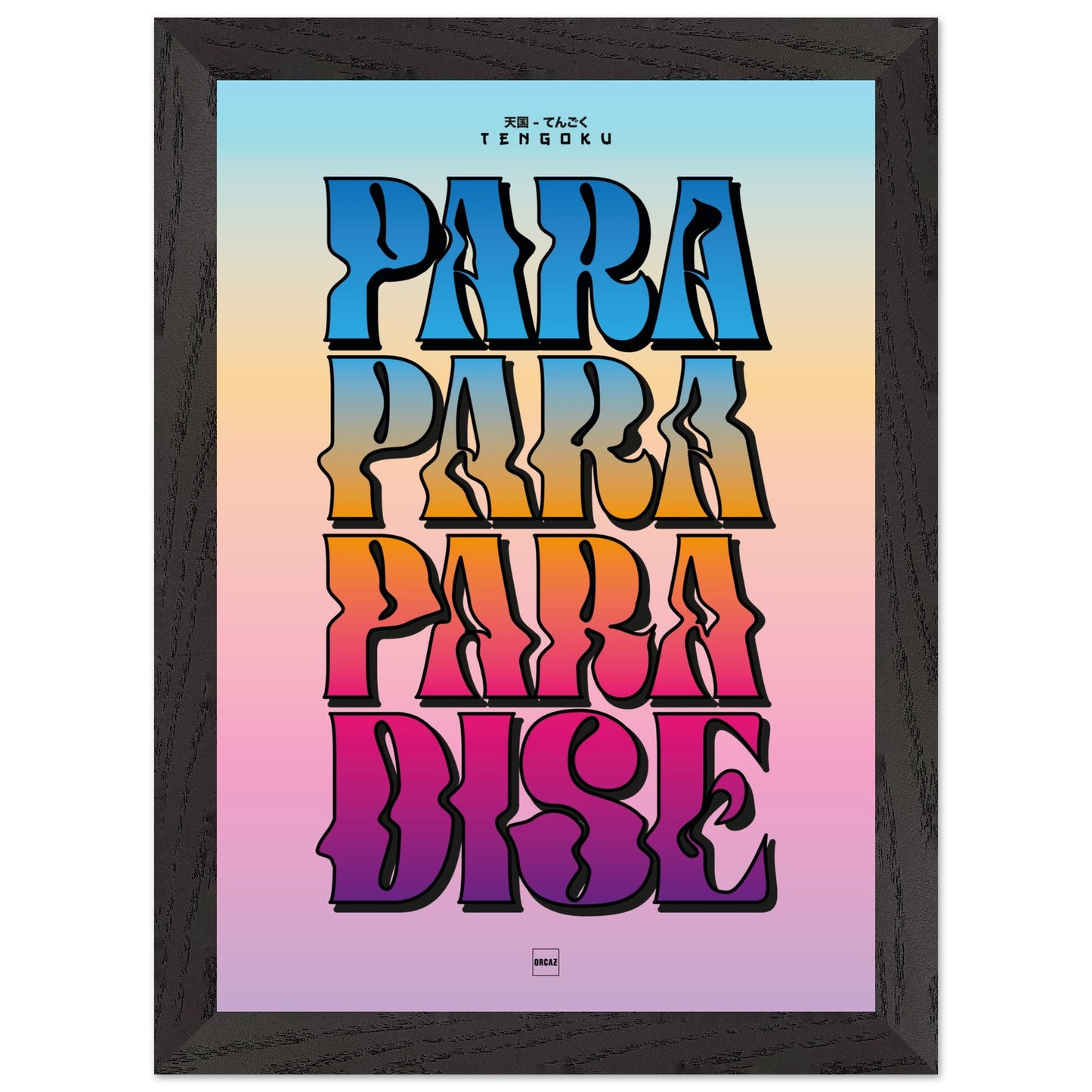 Affiche encadrée typographique avec texte Tengoku en lettres dégradées multicolores sur fond pastel