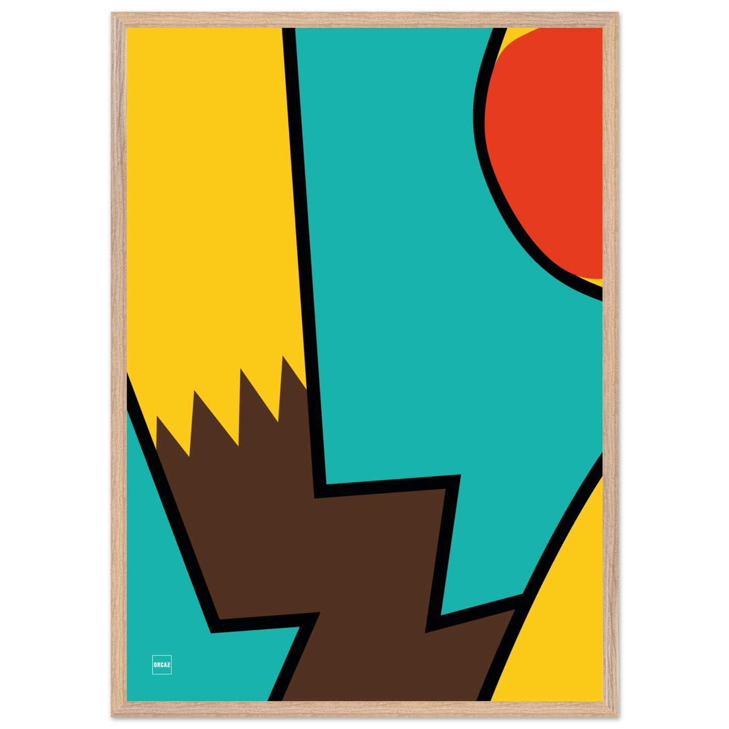 Affiche encadrée minimaliste du Pokemon Pikachu par Orcaz sur fond turquoise.