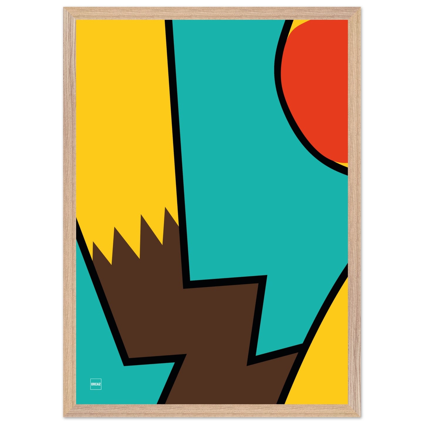 Affiche encadrée minimaliste du Pokemon Pikachu par Orcaz sur fond turquoise.