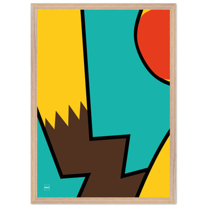 Affiche encadrée minimaliste du Pokemon Pikachu par Orcaz sur fond turquoise.