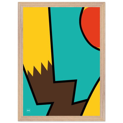 Affiche encadrée minimaliste du Pokemon Pikachu par Orcaz sur fond turquoise.