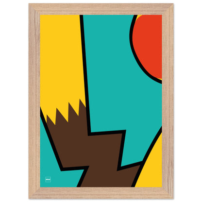 Affiche encadrée minimaliste du Pokemon Pikachu par Orcaz sur fond turquoise.