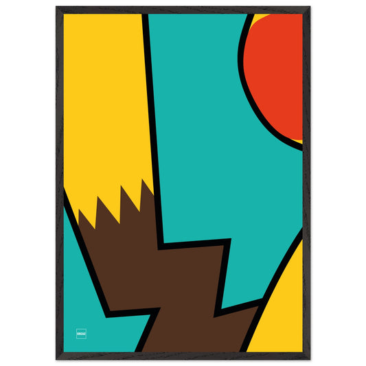 Affiche encadrée minimaliste du Pokemon Pikachu par Orcaz sur fond turquoise.