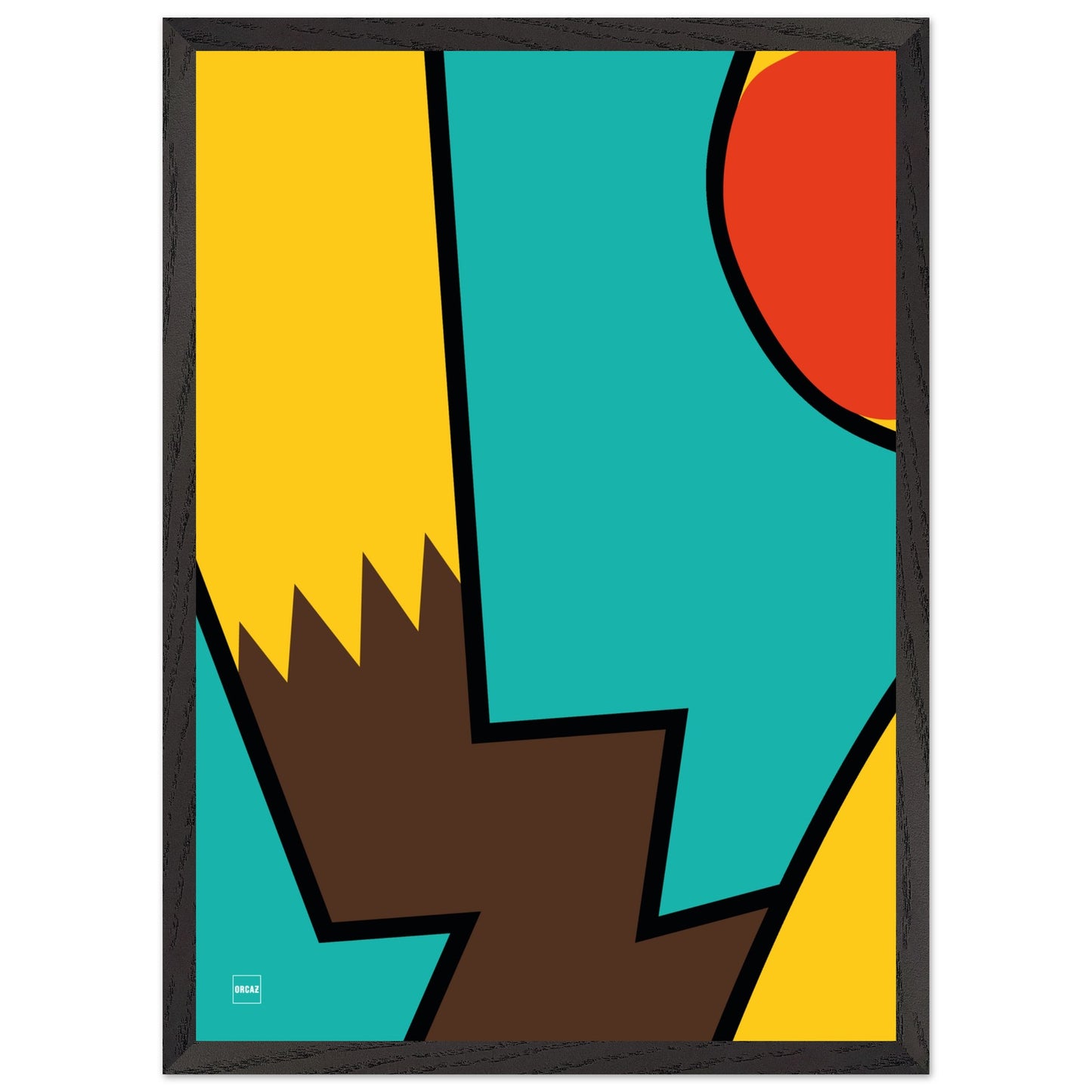 Affiche encadrée minimaliste du Pokemon Pikachu par Orcaz sur fond turquoise.