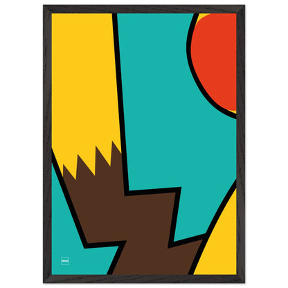 Affiche encadrée minimaliste du Pokemon Pikachu par Orcaz sur fond turquoise.