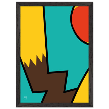Affiche encadrée minimaliste du Pokemon Pikachu par Orcaz sur fond turquoise.