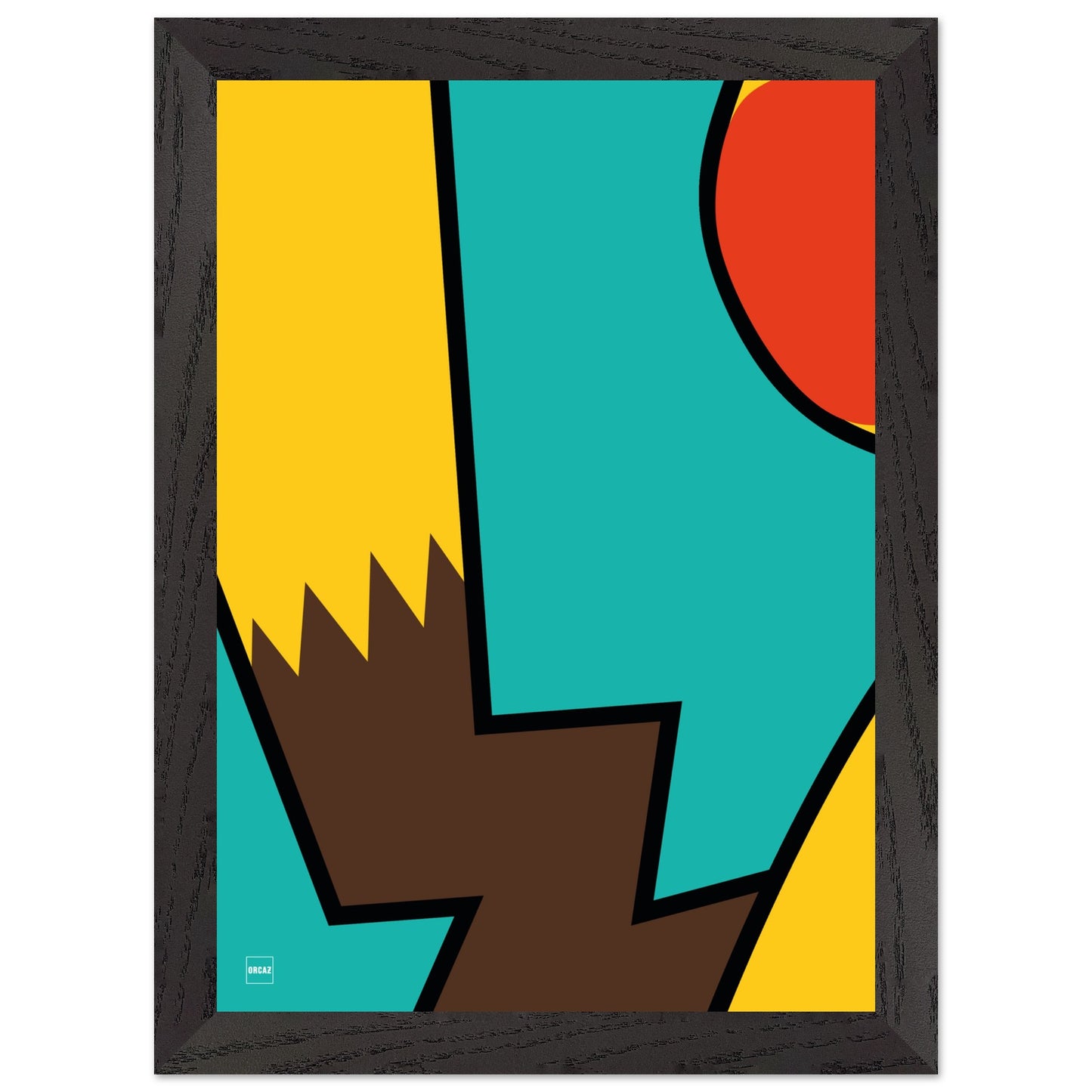 Affiche encadrée minimaliste du Pokemon Pikachu par Orcaz sur fond turquoise.