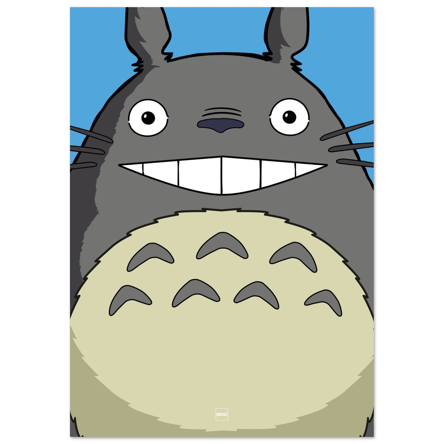 Affiche du personnage Totoro en version minimaliste sur fond bleu ciel.