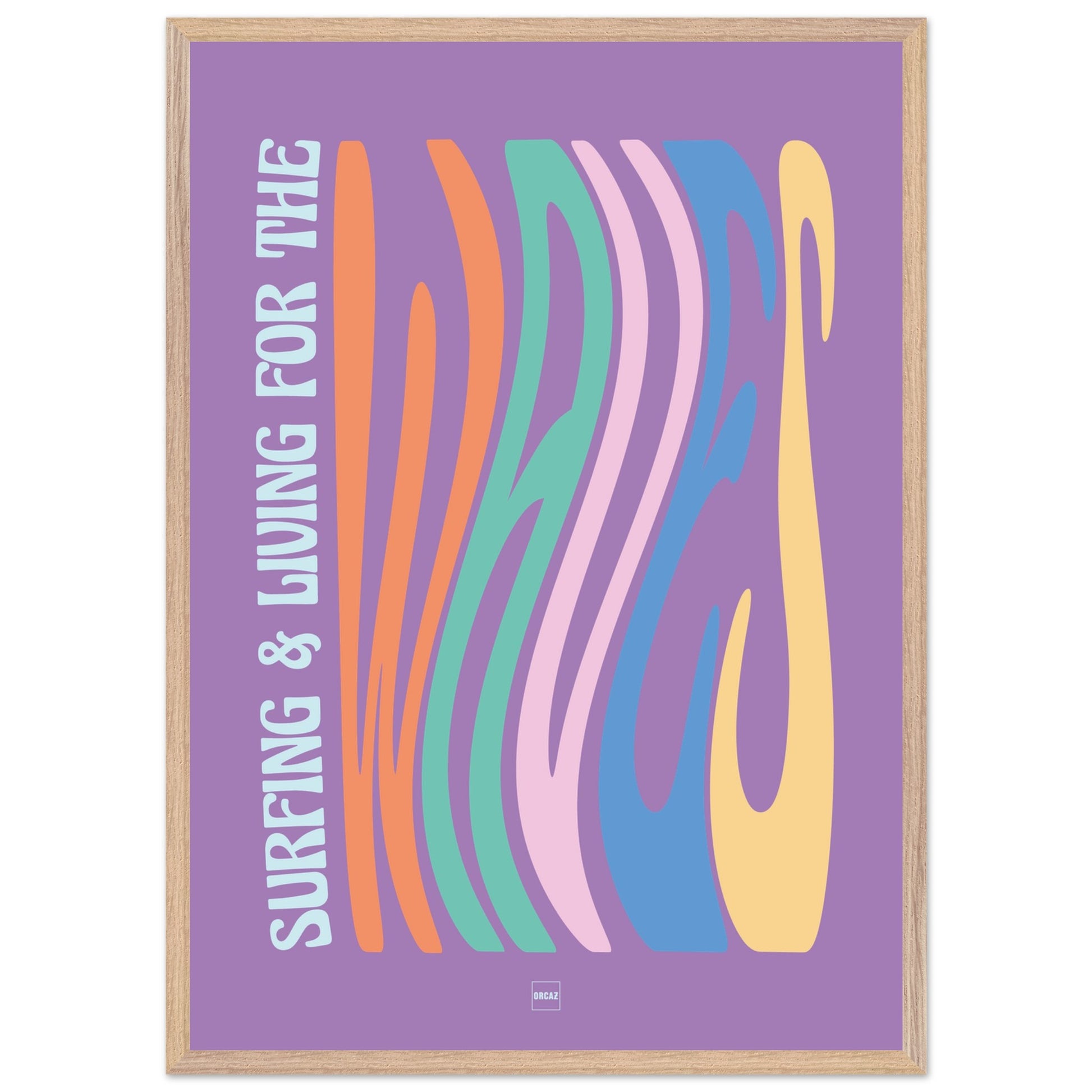 Affiche encadrée typographique sur le thème du surf avec des couleurs pastels.