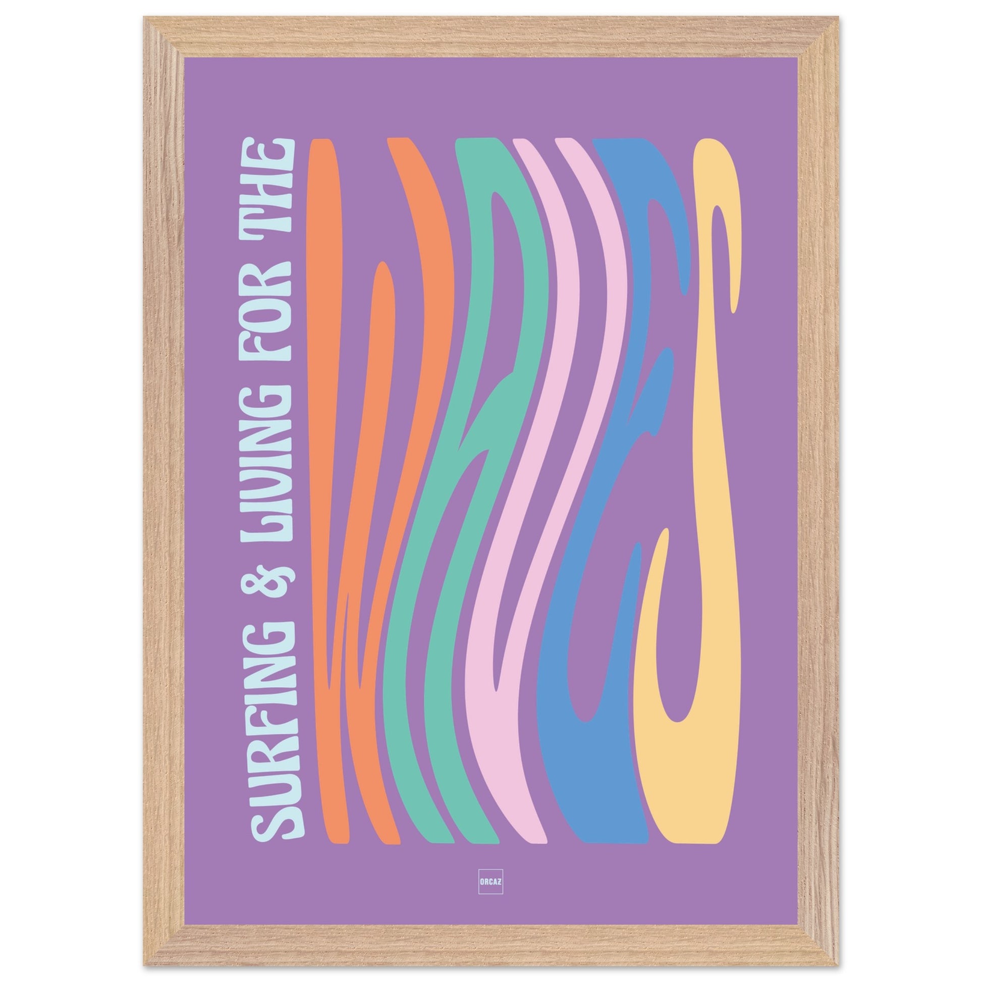 Affiche encadrée typographique sur le thème du surf avec des couleurs pastels.