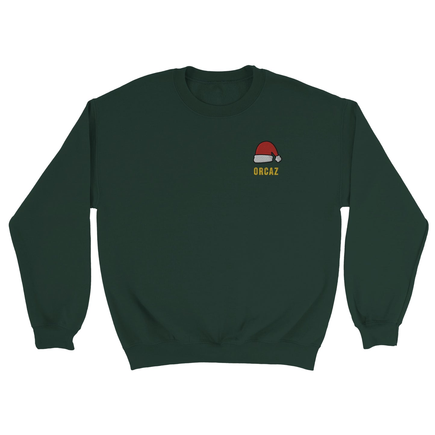 Très joli sweat vert for de Noël par Orcaz Designs. Découvrez un pull original et confortable avec un bonnet du père Noël rouge et blanc avec un pompon brodé sur le coeurêt