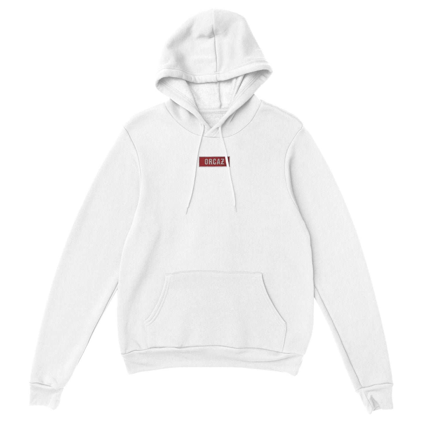 hoodie blanc avec broderie rouge et blanche Orcaz sur le torse