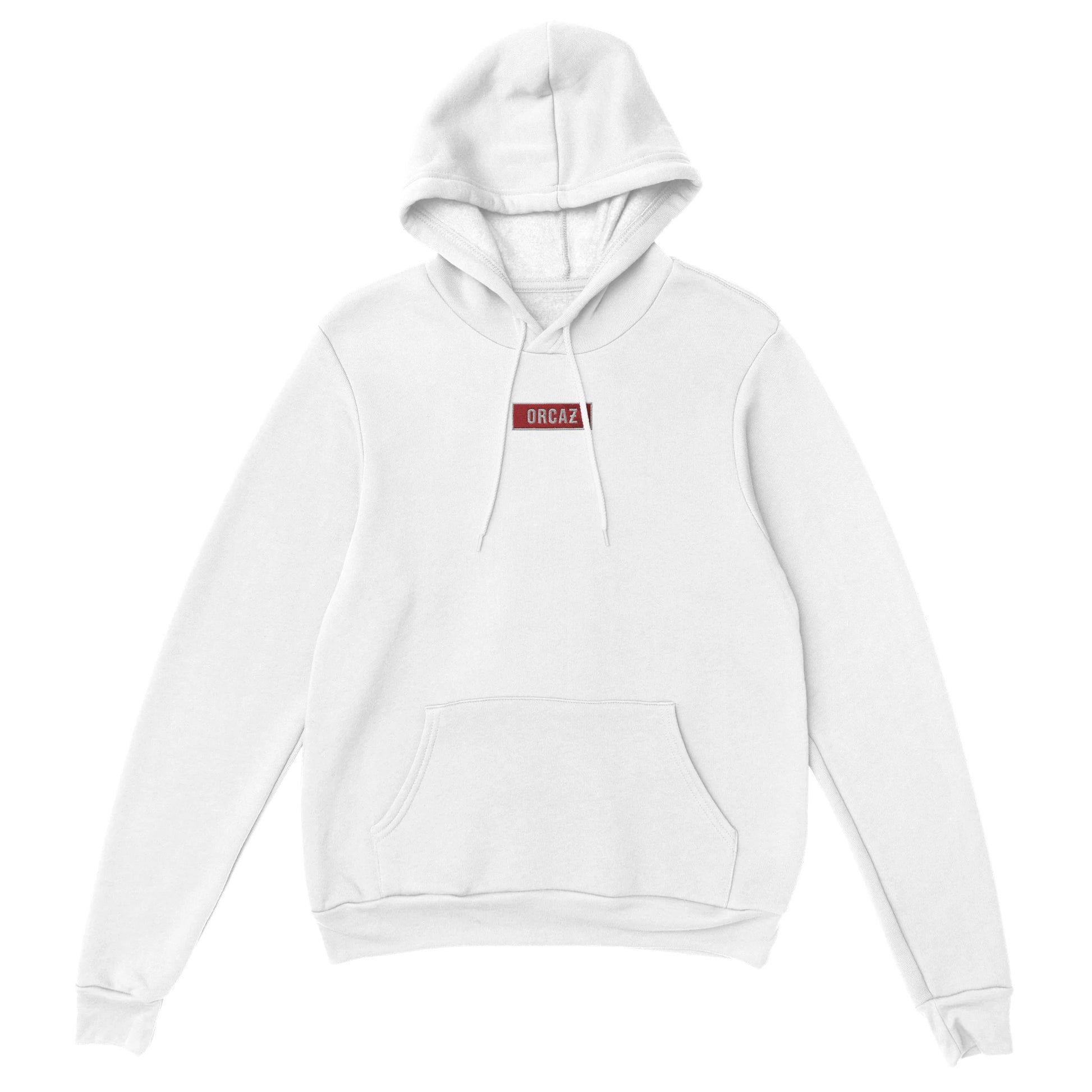 hoodie blanc avec broderie rouge et blanche Orcaz sur le torse