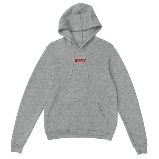 hoodie gris avec broderie rouge et blanche Orcaz sur le torse