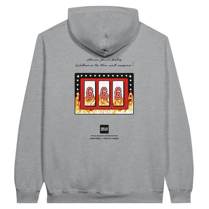 Hoodie gris imprimé dans le dos d'un design de machine à sous de casino version enfer 666