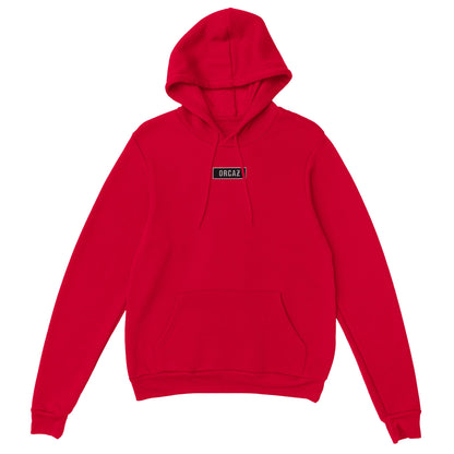 hoodie rouge avec broderie noir et blanche Orcaz sur le torse