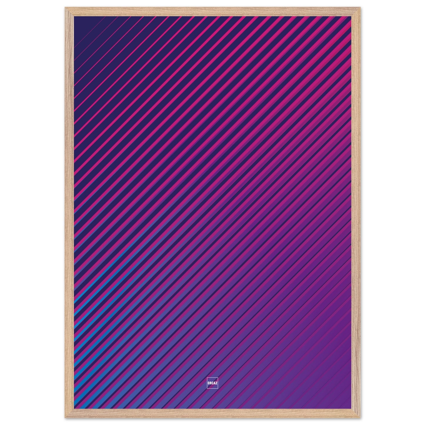 Affiche moderne encadrée avec des lignes diagonales dynamiques et un dégradé de violet créant un effet visuel vibrant et immersif par Orcaz Designs.