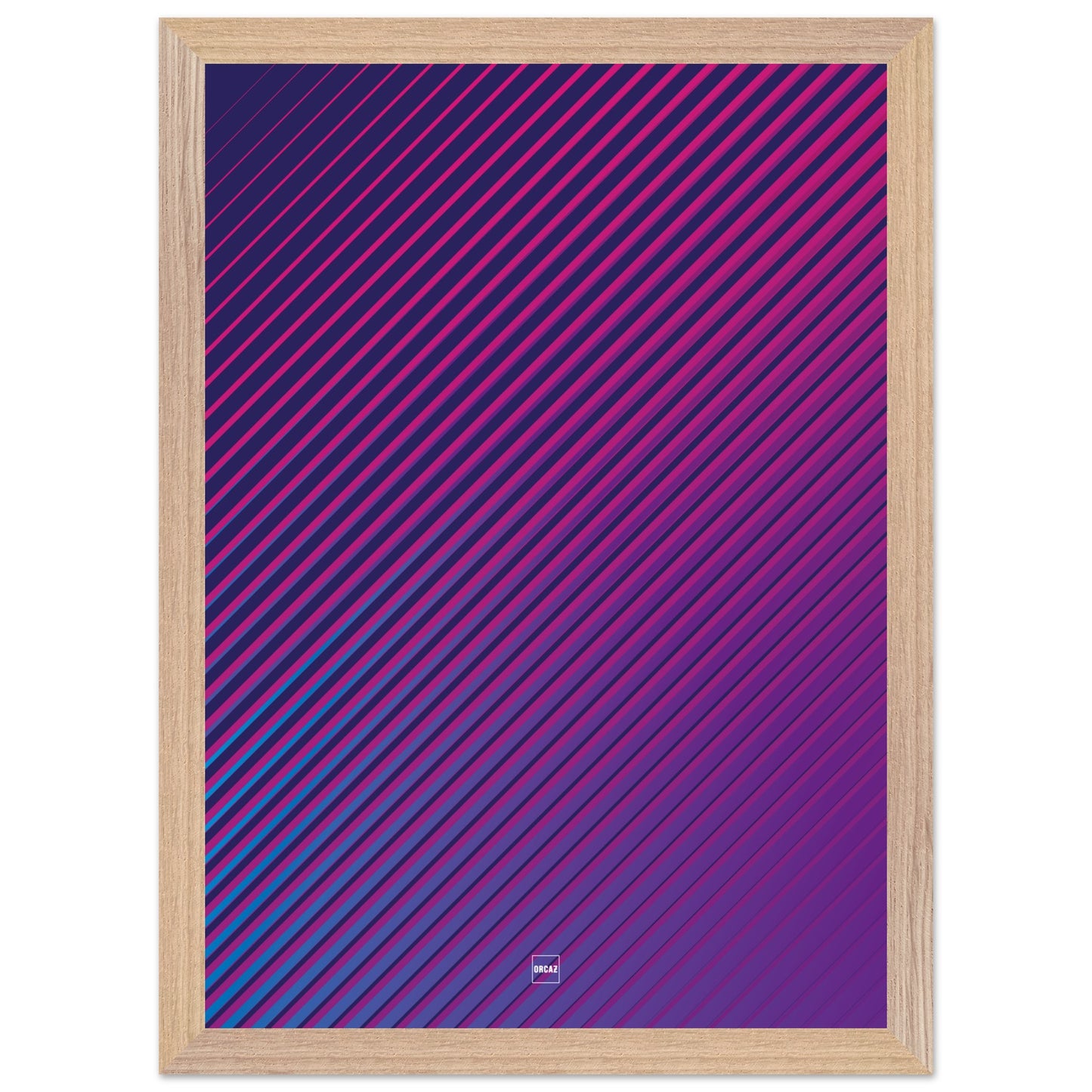 Affiche moderne encadrée avec des lignes diagonales dynamiques et un dégradé de violet créant un effet visuel vibrant et immersif par Orcaz Designs.