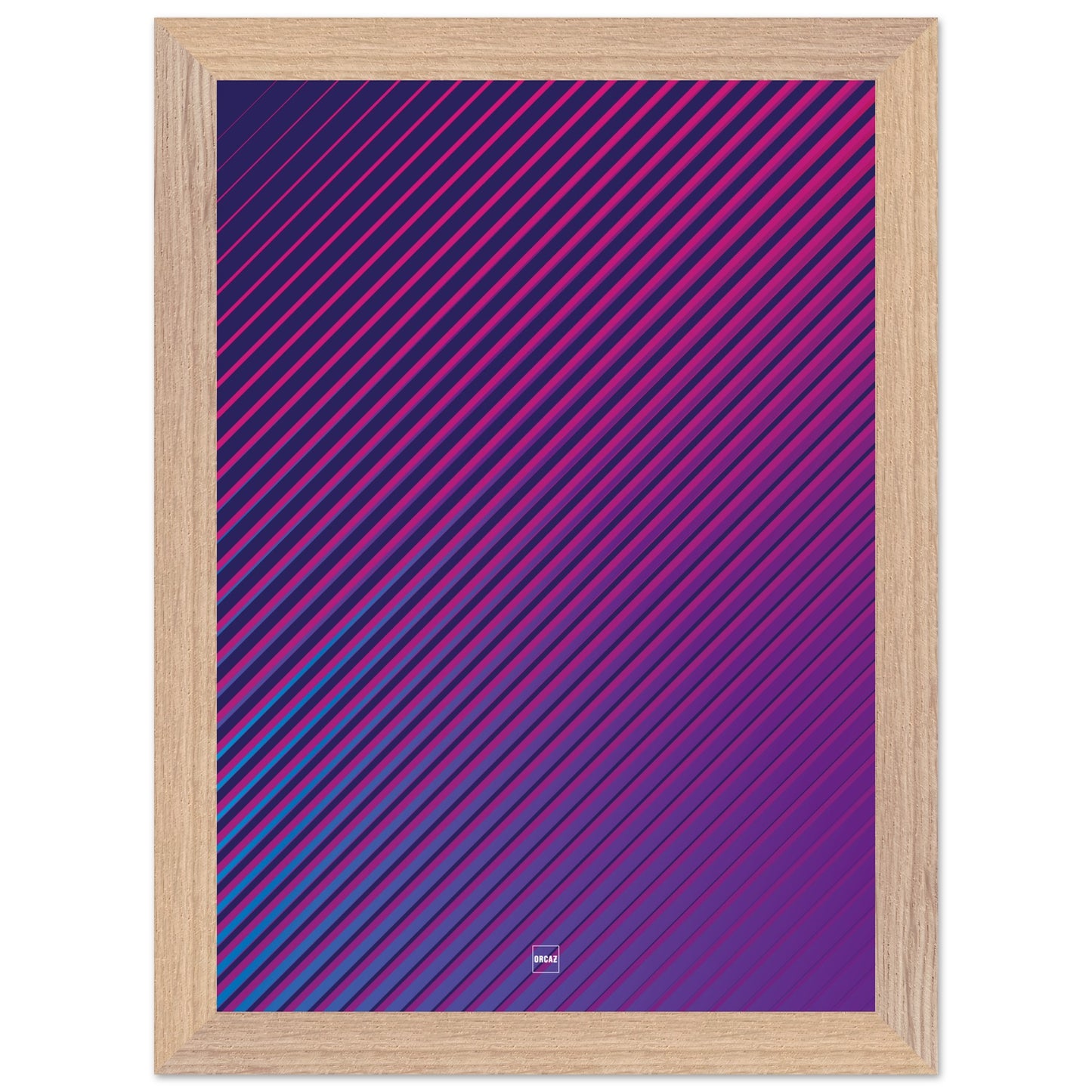 Affiche moderne encadrée avec des lignes diagonales dynamiques et un dégradé de violet créant un effet visuel vibrant et immersif par Orcaz Designs.