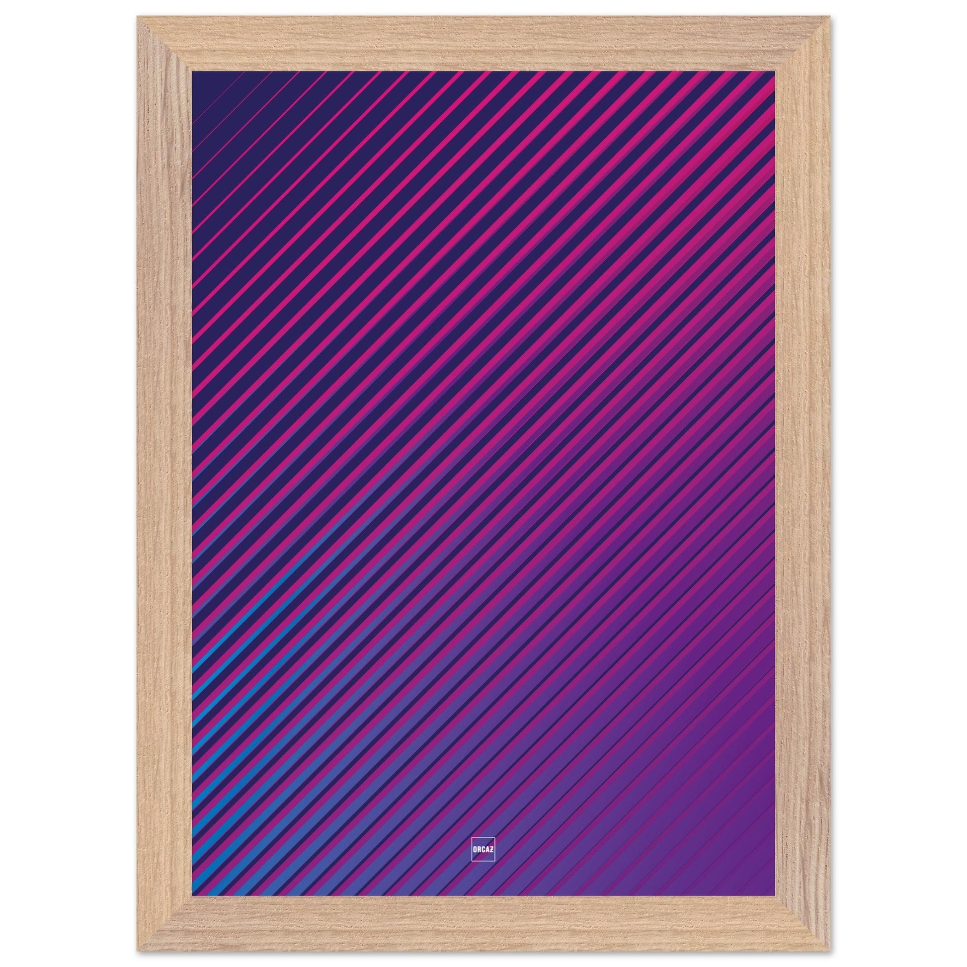 Affiche moderne encadrée avec des lignes diagonales dynamiques et un dégradé de violet créant un effet visuel vibrant et immersif par Orcaz Designs.