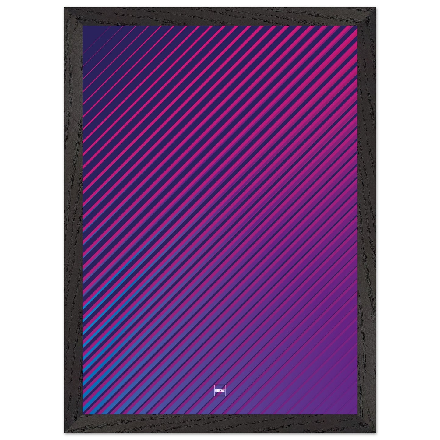 Affiche moderne encadrée avec des lignes diagonales dynamiques et un dégradé de violet créant un effet visuel vibrant et immersif par Orcaz Designs.