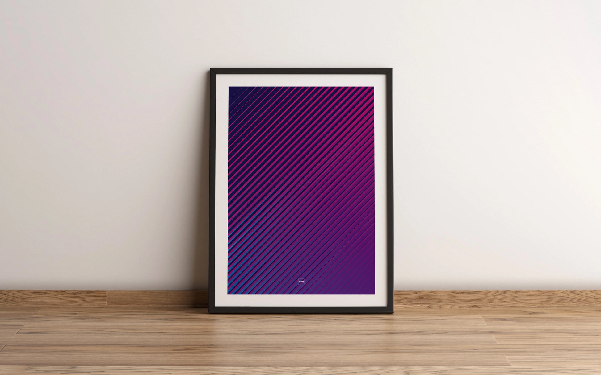 Affiche moderne encadrée avec des lignes diagonales dynamiques et un dégradé de violet créant un effet visuel vibrant et immersif par Orcaz Designs.