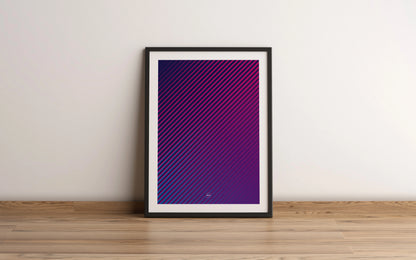 Affiche moderne encadrée avec des lignes diagonales dynamiques et un dégradé de violet créant un effet visuel vibrant et immersif par Orcaz Designs.