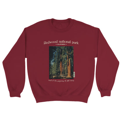 Notre sweat grenat confortable et tout doux pour passer l'automne et l'hiver bien au chaud dans un sweatshirt inspiré du Redwood national park en Californie, terre des séquoias et nombreuses rivières sauvages, imprimé d'une magnifique photo de ces arbres centenaires aux accents vintage rétro