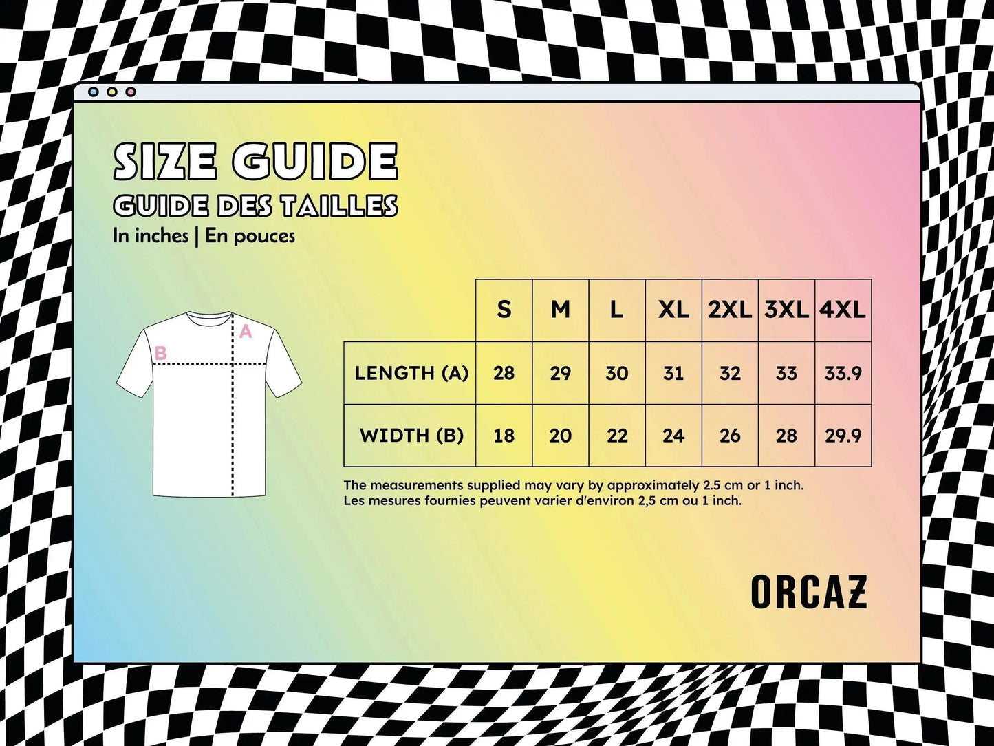Guide des tailles des t-shirts Orcaz Designs en pouces
