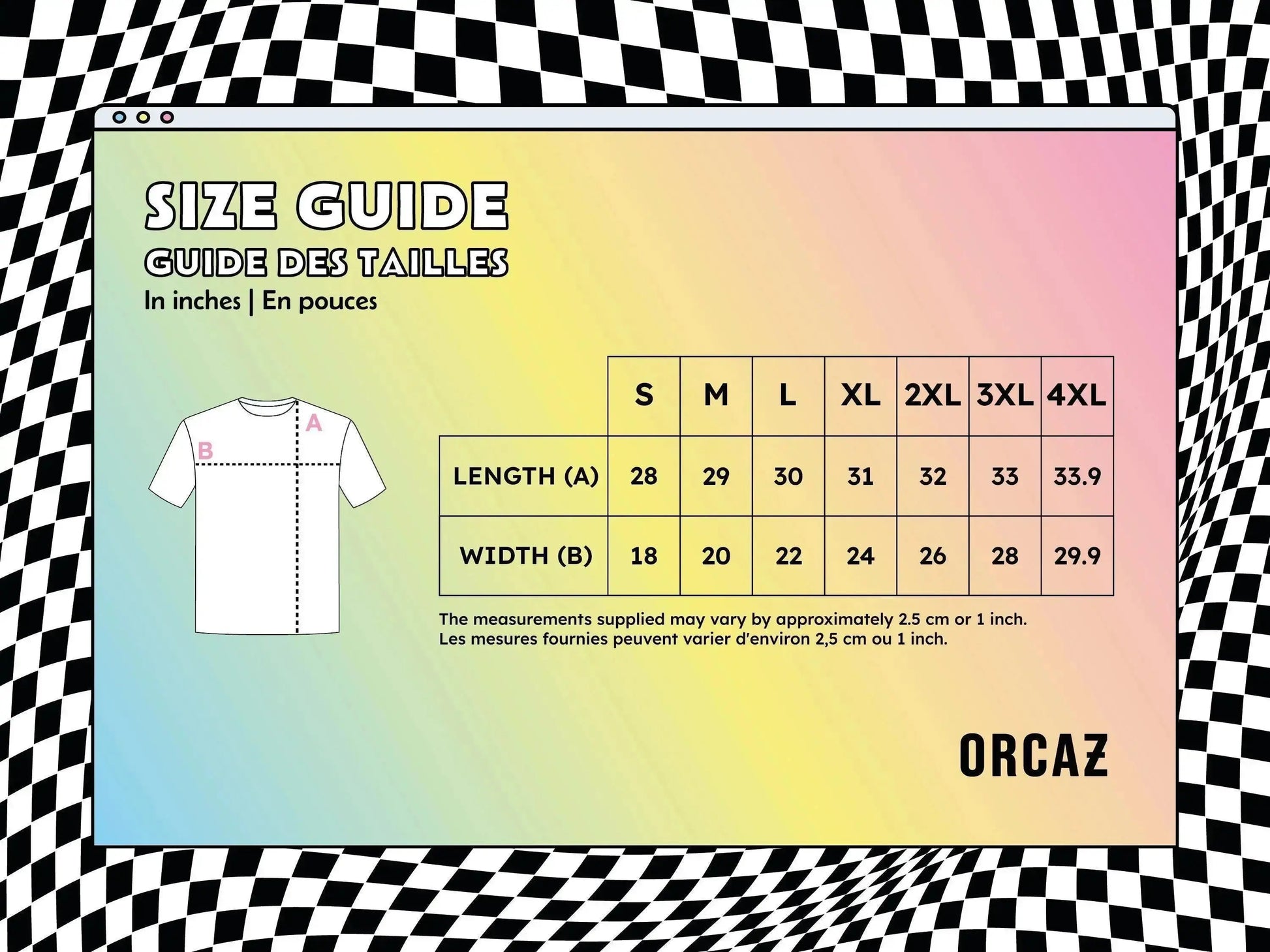 Guide des tailles des t-shirts Orcaz Designs en pouces