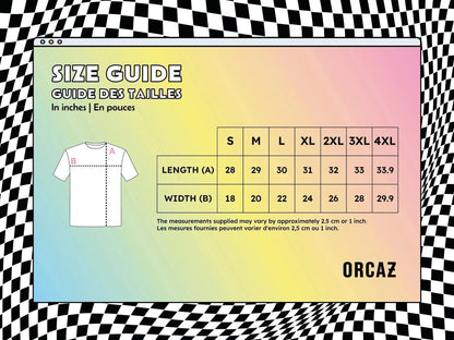 Guide des tailles des t-shirts Orcaz Designs en pouces