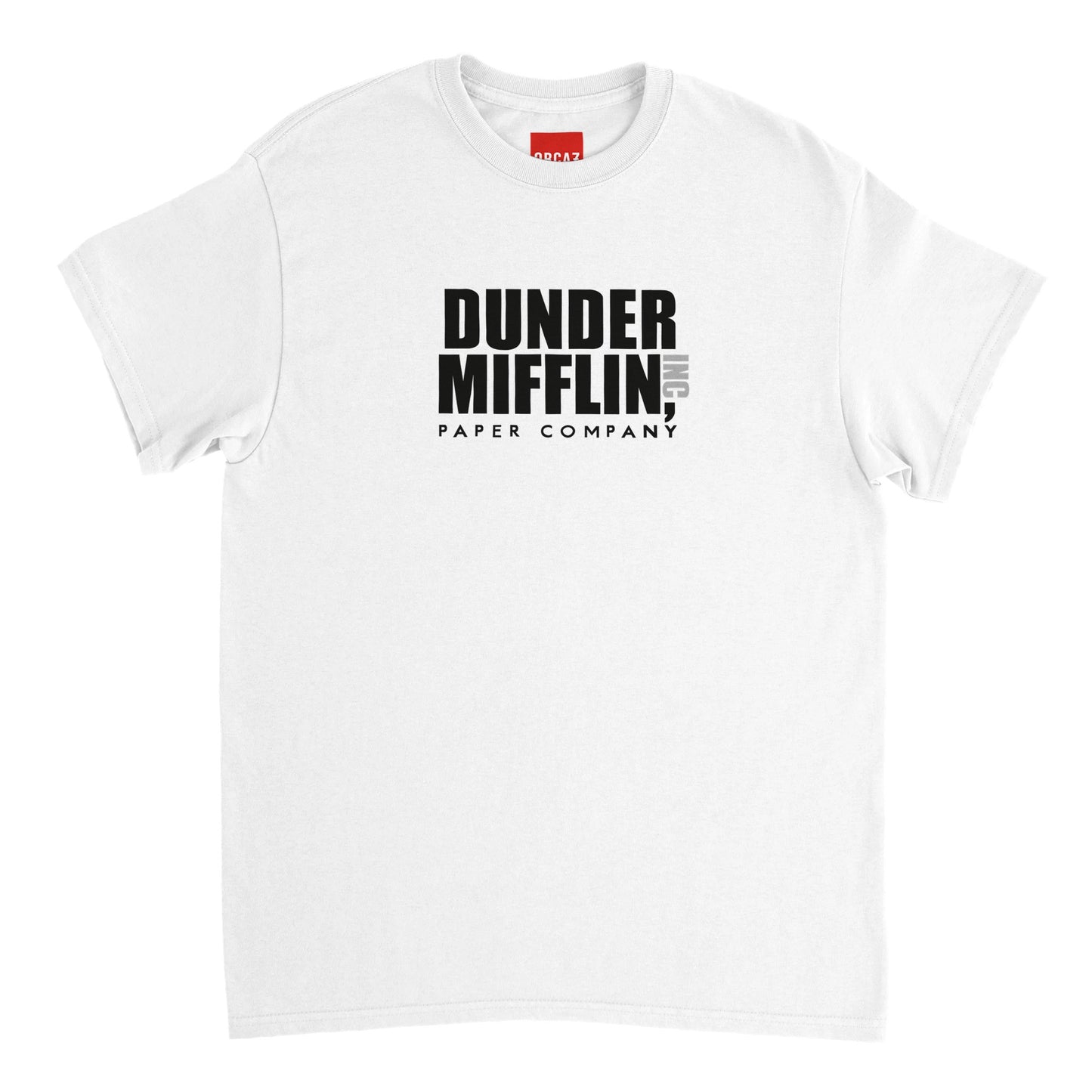T-shirt blanc avec impression Dunder Mifflin au centre du torse.