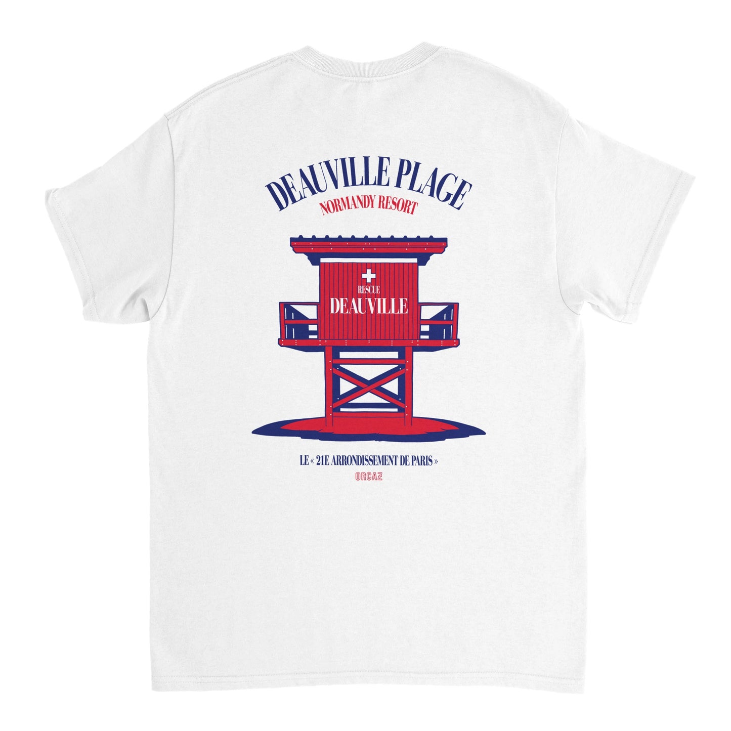 T-shirt blanc de dos avec une grande impression du poste de scours de deauville en Normandie.