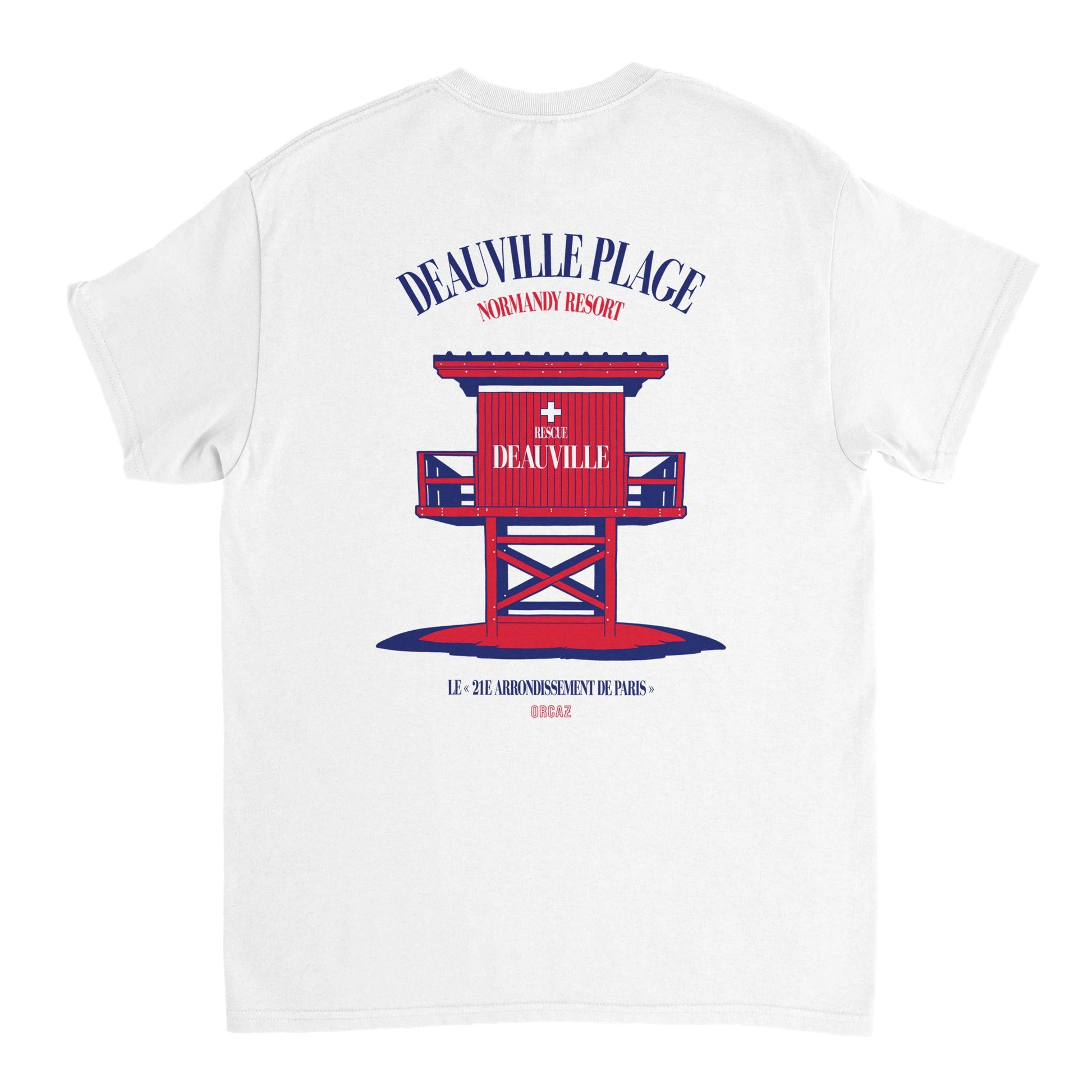 T-shirt blanc de dos avec une grande impression du poste de scours de deauville en Normandie.