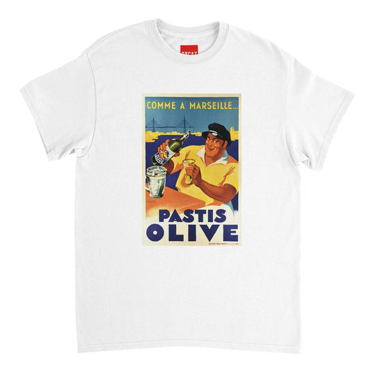 Aperçu du t-shirt blanc "Pastis Olive Comme a Marseille" par Orcaz Designs.